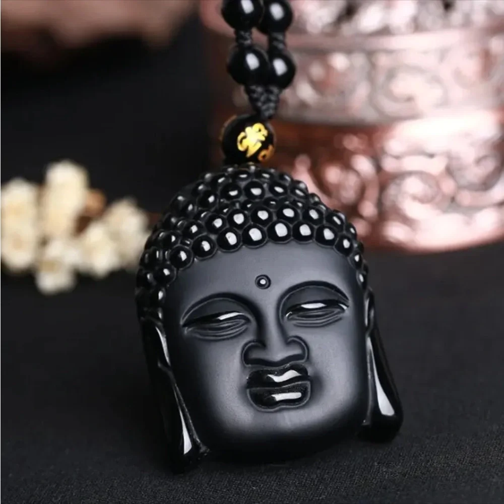 Bodhisattva carved obsidian necklace